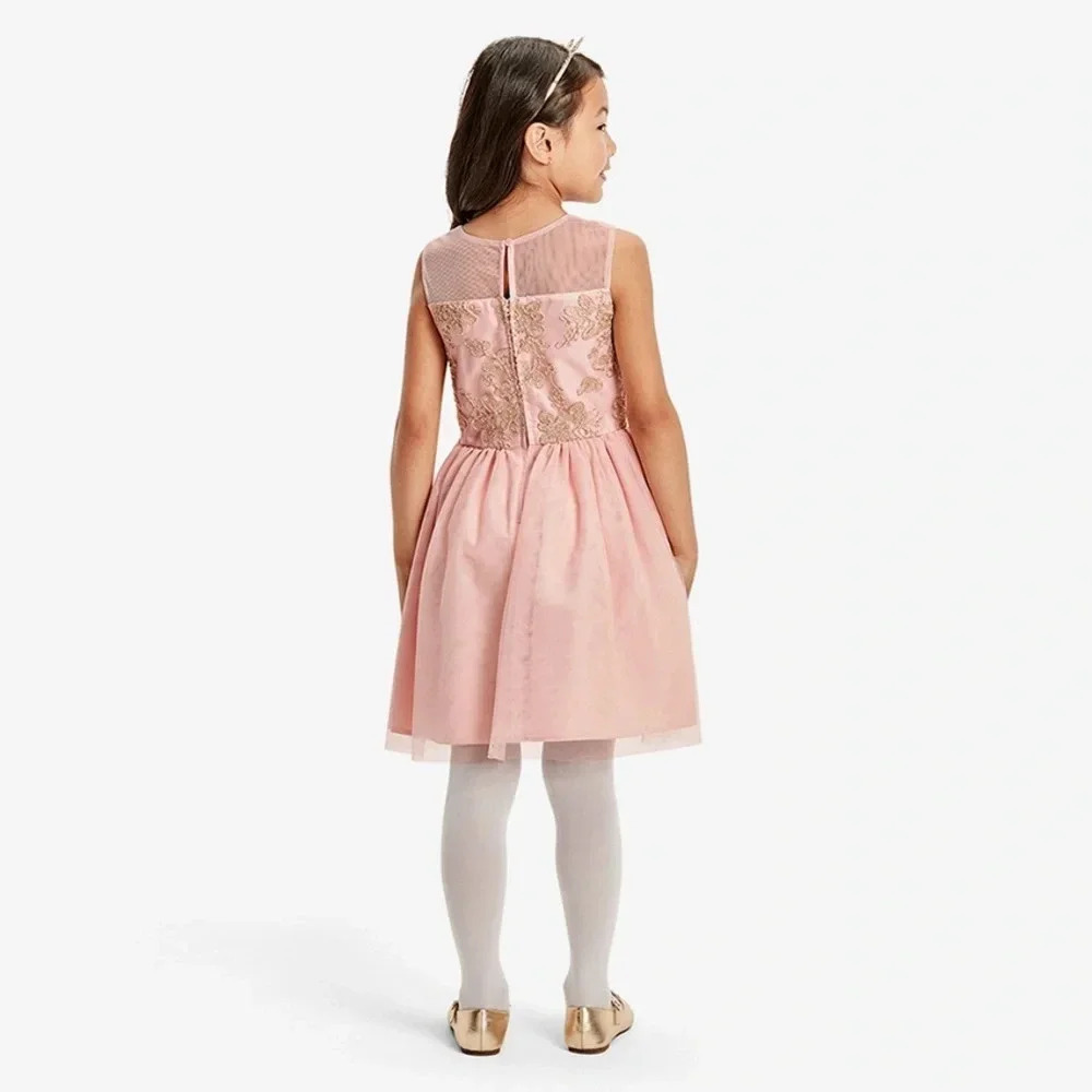 NWT THE CHILDREN’S PLACE Girls Embroidered Lace Dress Gold Beading Pink - Picture 3 of 8